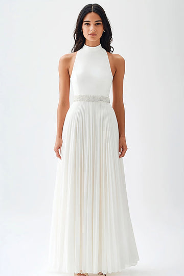 High Neck Chiffon A Line Ivory Engagement Dress with Belt